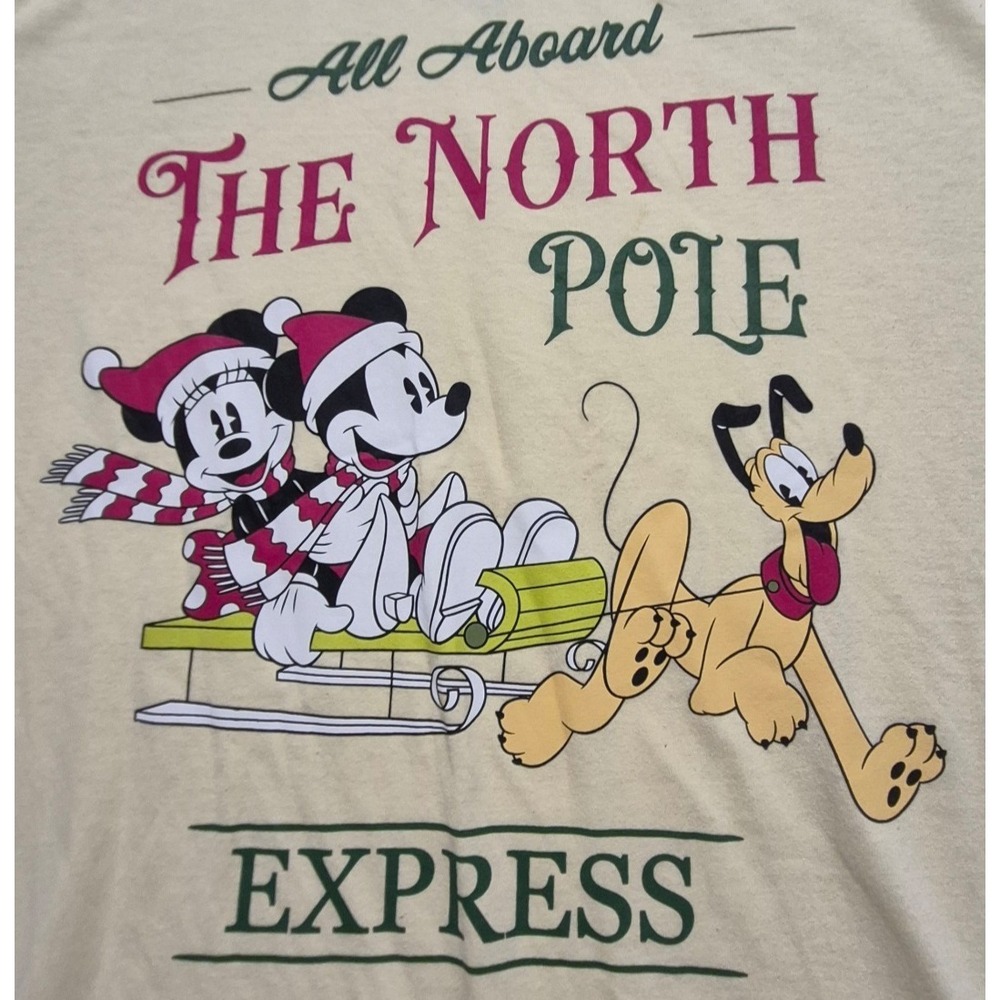 Disney yellow Holiday graphic T-shirt LG Mickey Mouse "The North Polo Express" - Picture 2 of 8
